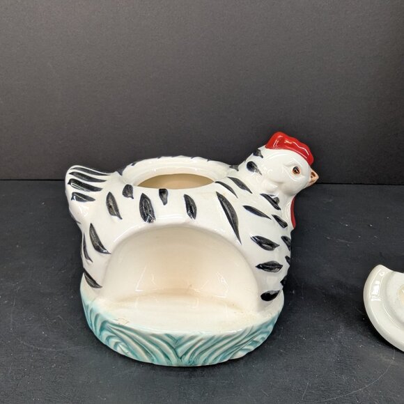 Vintage White and Black Chicken on Nest Sugar Bowl with Egg Salt & Pepper Set - Picture 3 of 11